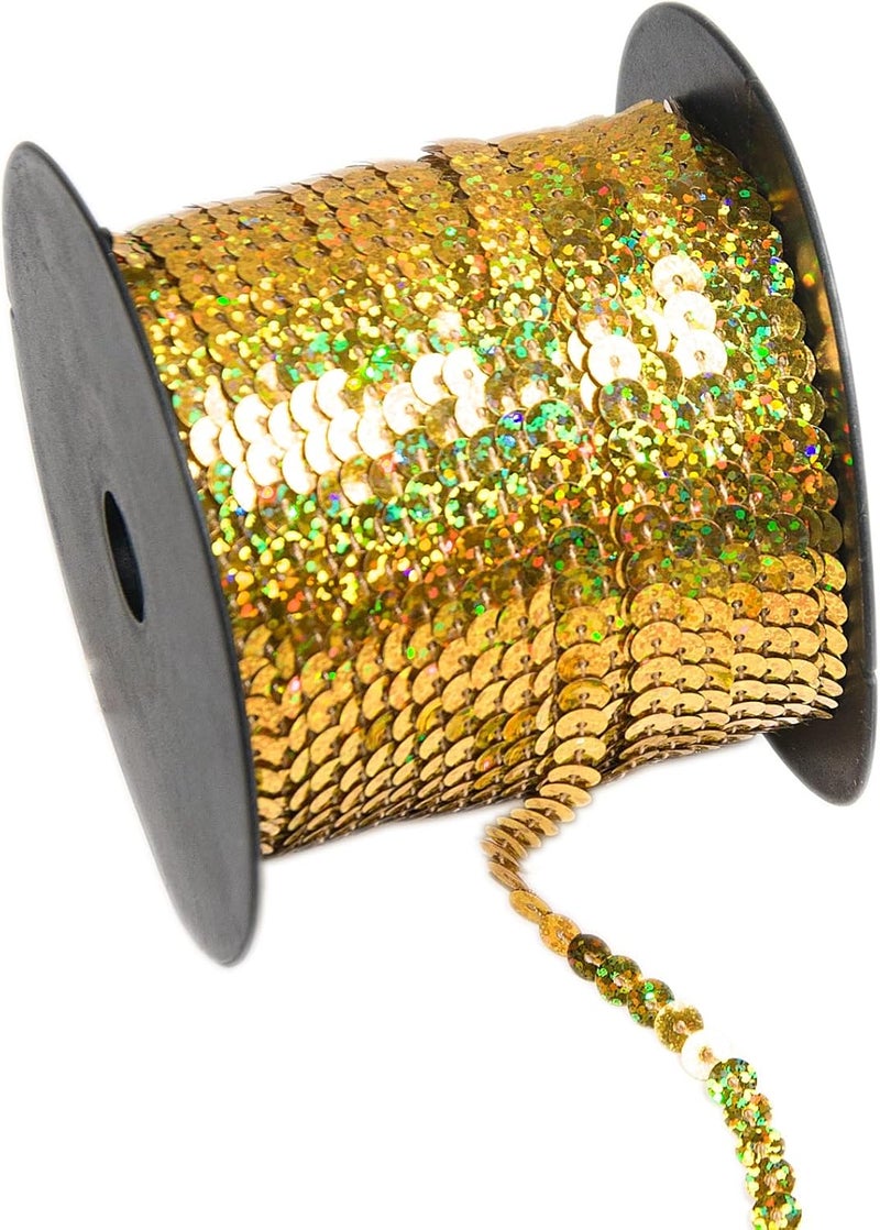 silllule 100 Yards Flat Round Sequin Trim String,6 mm Gold Glitter Sequin Ribbon Metallic Trim Strand for Crafts Sewing Wedding Dress Clothes Party Embellish - Image 1